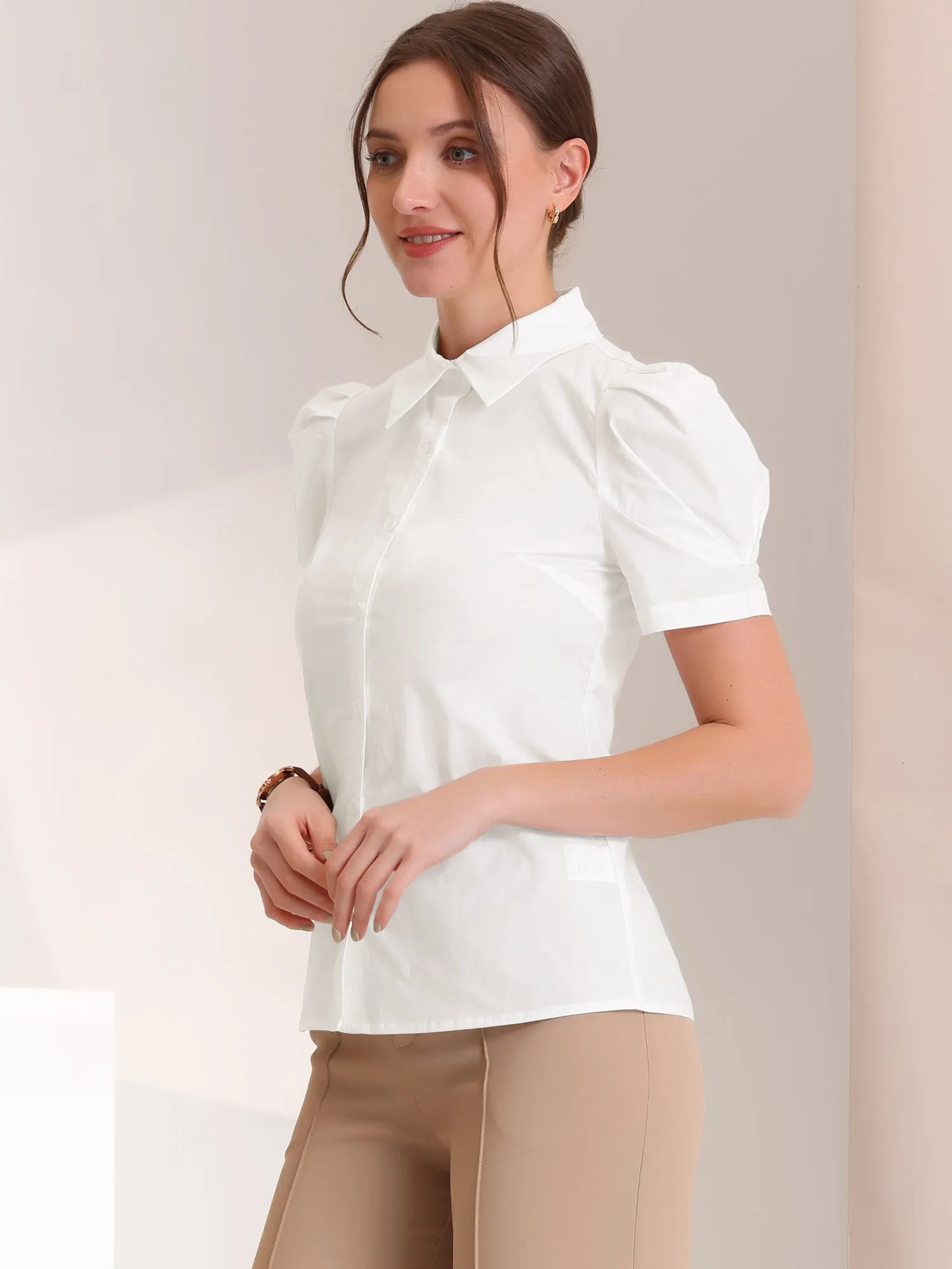 Puff Short Sleeve Turn Down Collared Office Button Down Shirt sold by Allegra K product image thumbnail 2