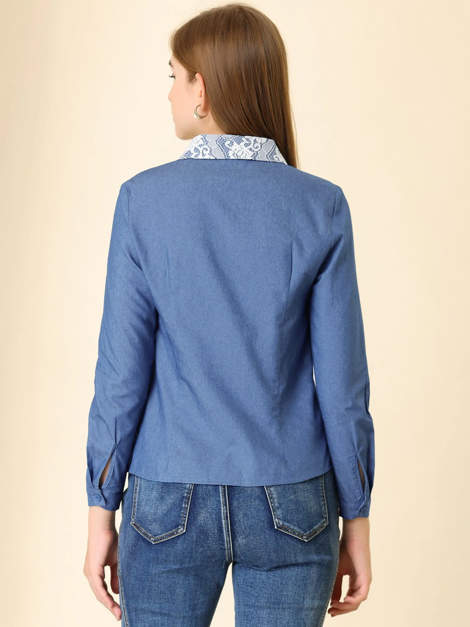 Denim Blouse Button Down Peter Pan Collar Chambray Shirt sold by Allegra K product image thumbnail 5