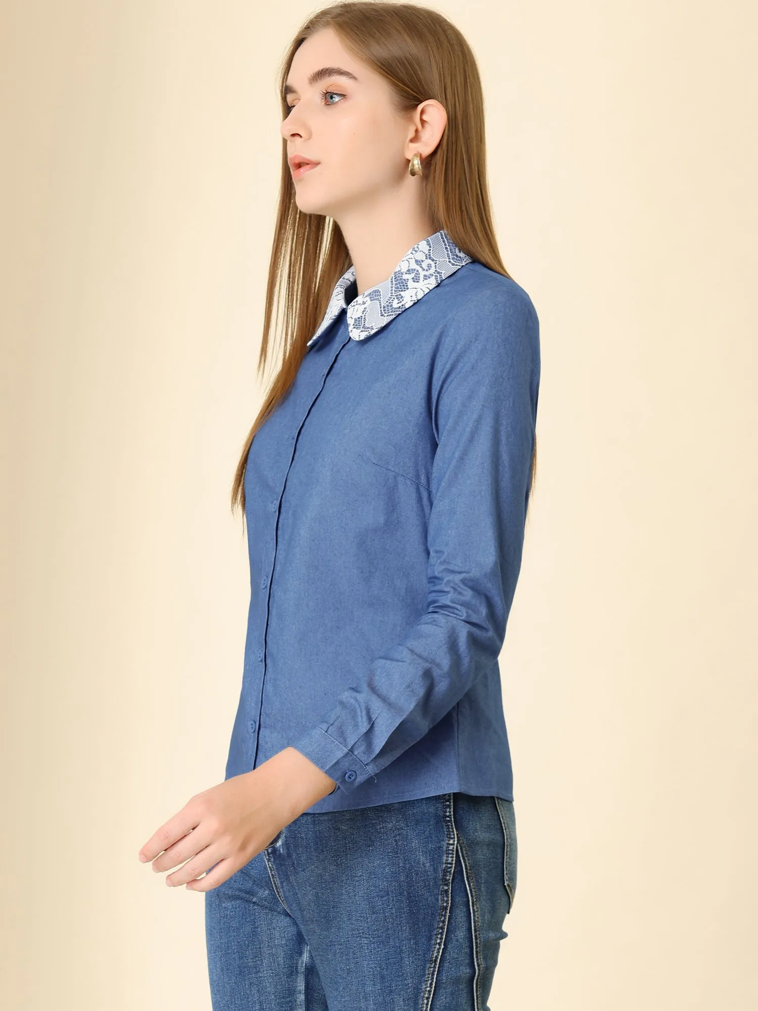 Denim Blouse Button Down Peter Pan Collar Chambray Shirt sold by Allegra K product image thumbnail 3