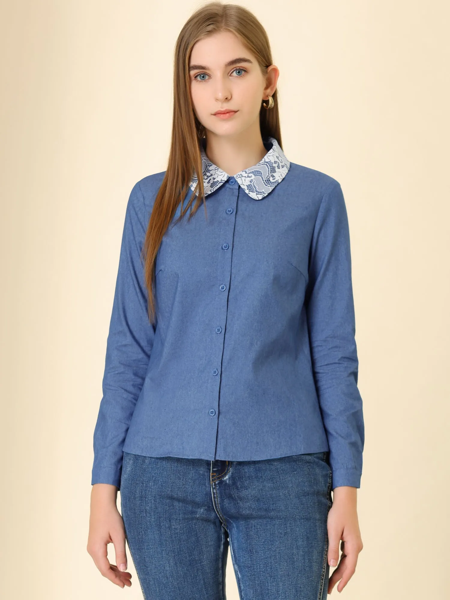 Denim Blouse Button Down Peter Pan Collar Chambray Shirt sold by Allegra K product image thumbnail 4