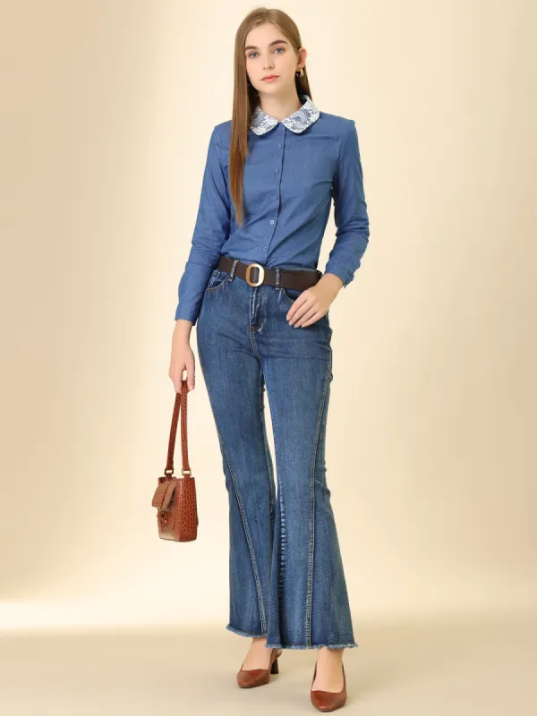Denim Blouse Button Down Peter Pan Collar Chambray Shirt sold by Allegra K
