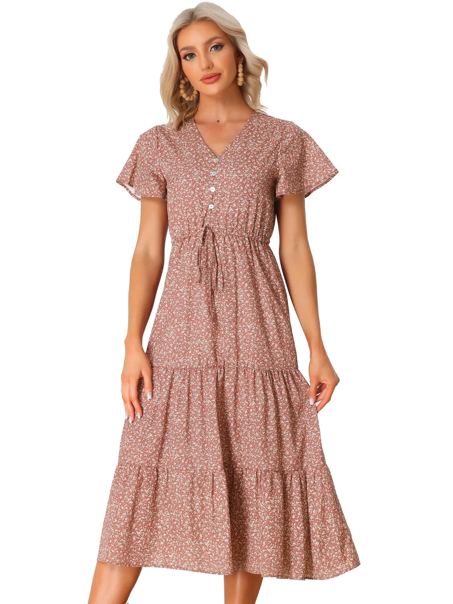 Casual Short Sleeve V Neck Tiered Floral Midi Dress sold by Allegra K product image thumbnail 5