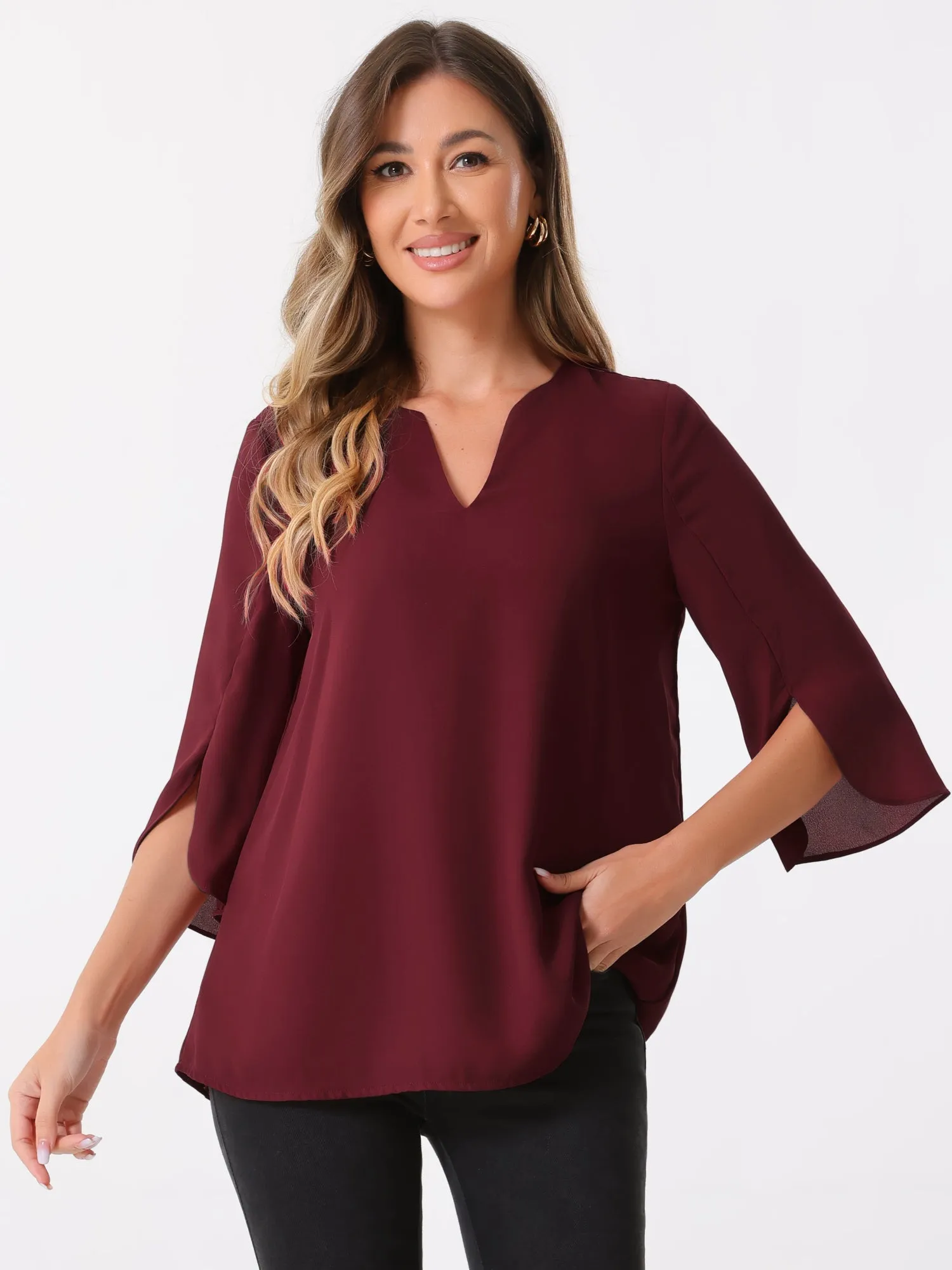 3/4 Split Sleeve Notch Neck Flowy Mesh Casual Blouse sold by Allegra K