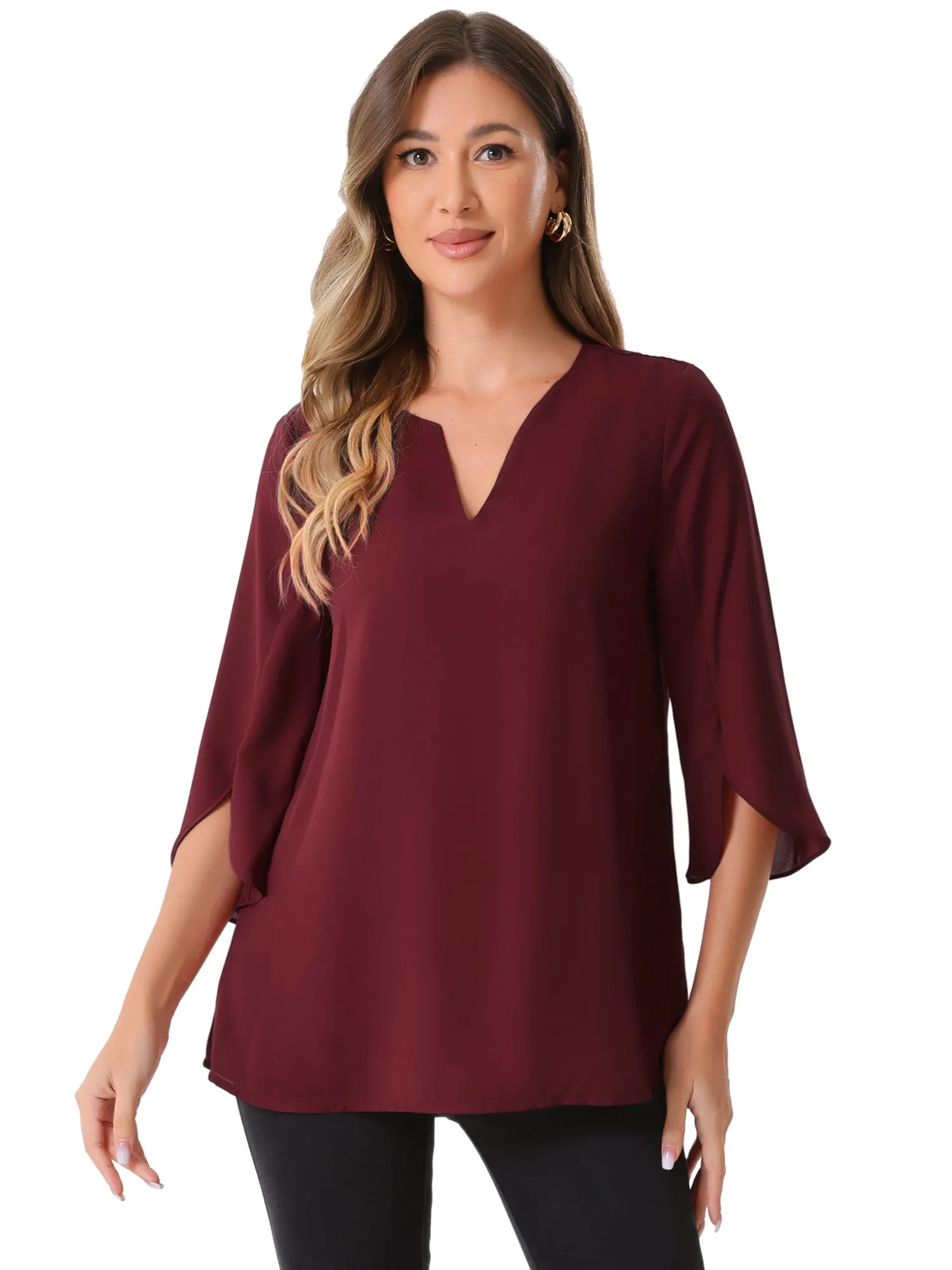 3/4 Split Sleeve Notch Neck Flowy Mesh Casual Blouse sold by Allegra K product image thumbnail 4
