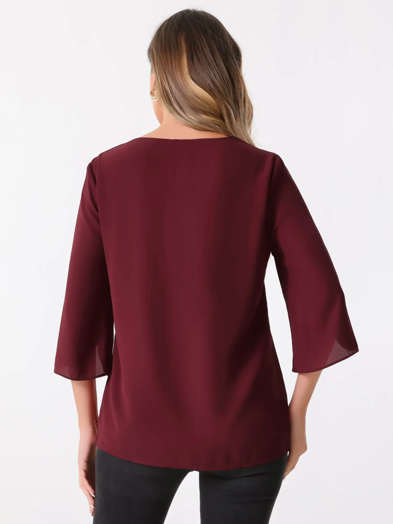 3/4 Split Sleeve Notch Neck Flowy Mesh Casual Blouse sold by Allegra K product image thumbnail 3