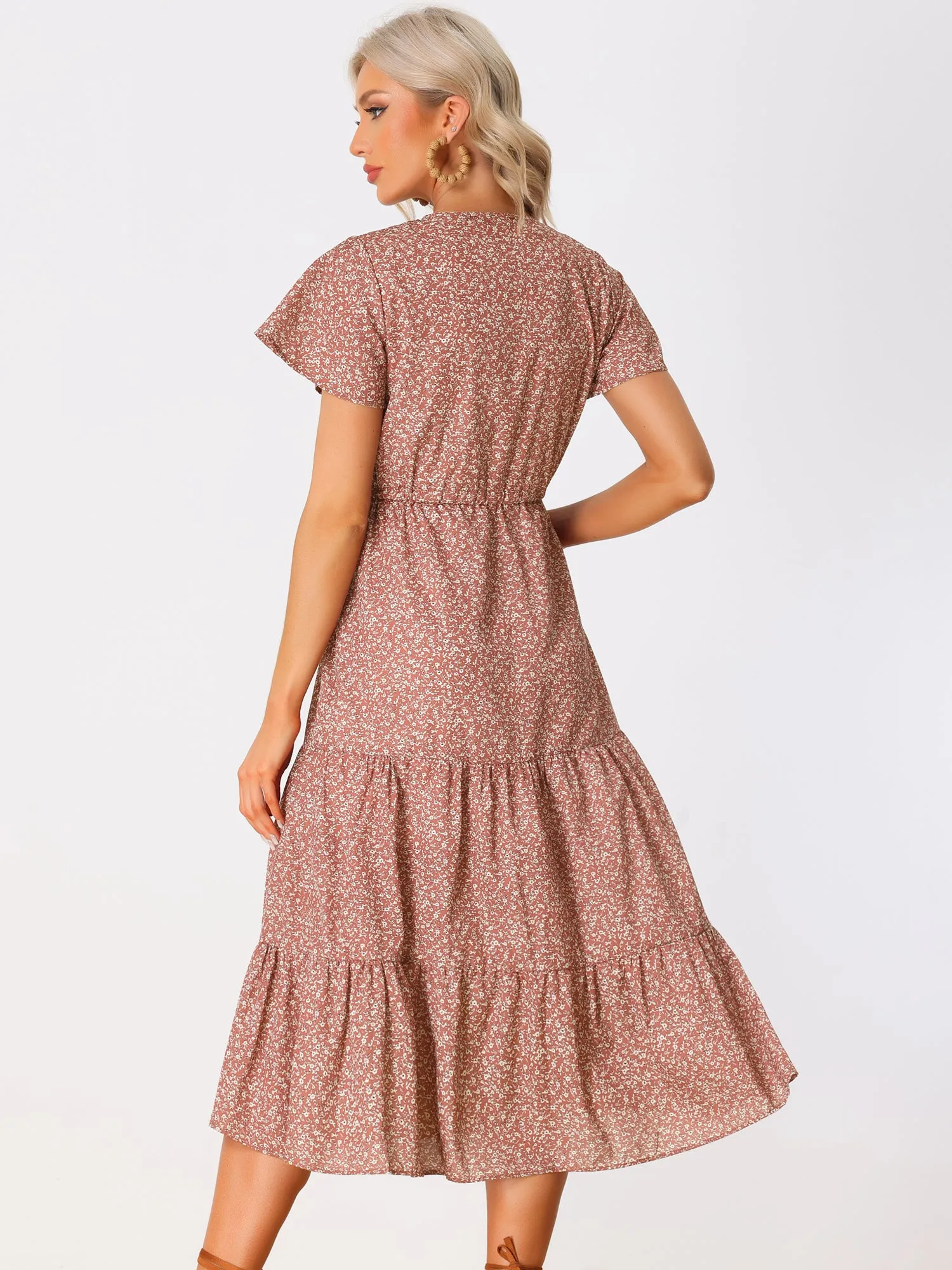 Casual Short Sleeve V Neck Tiered Floral Midi Dress sold by Allegra K product image thumbnail 3