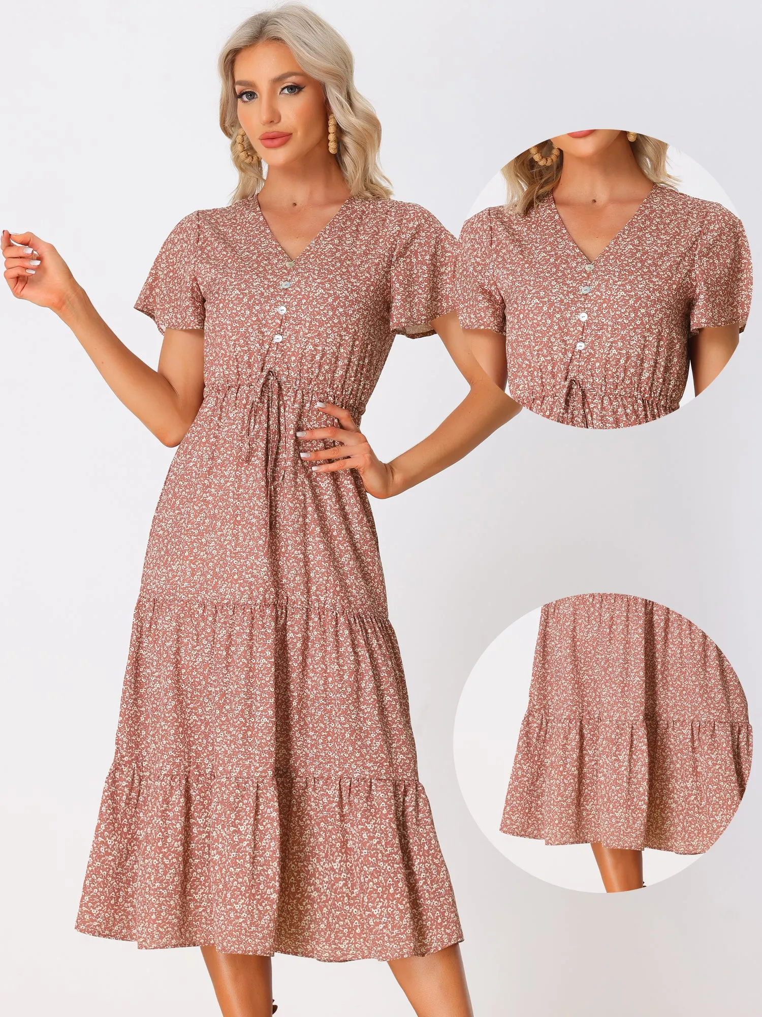 Casual Short Sleeve V Neck Tiered Floral Midi Dress sold by Allegra K product image thumbnail 2