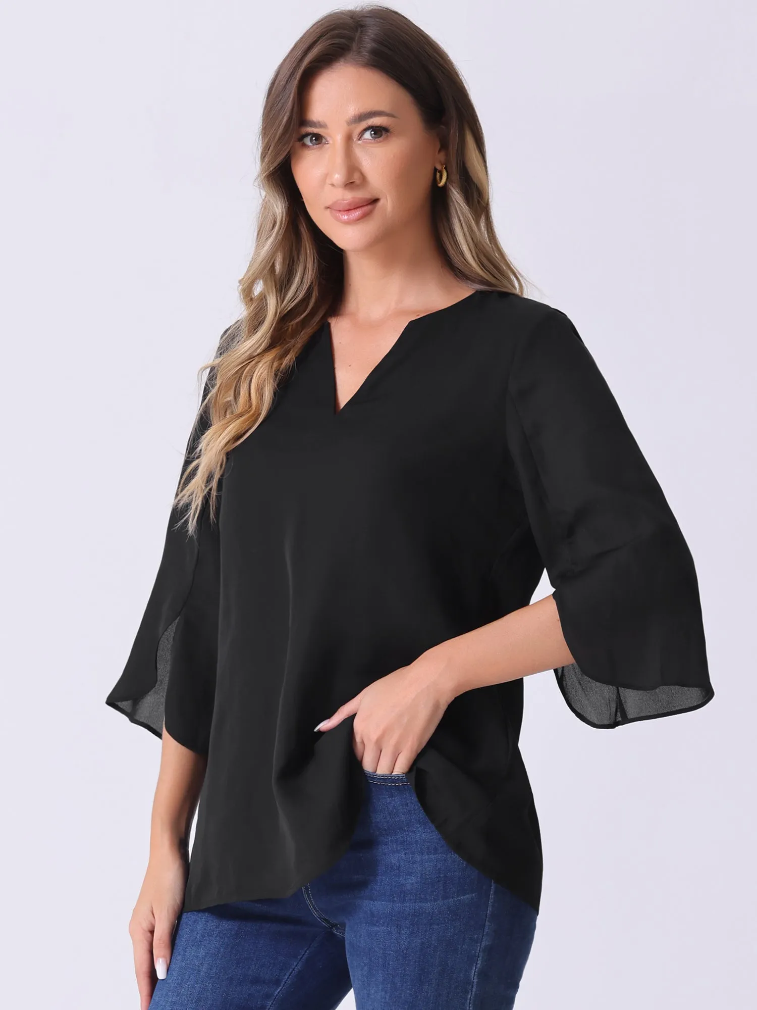 3/4 Split Sleeve Notch Neck Flowy Mesh Casual Blouse sold by Allegra K product image thumbnail 5