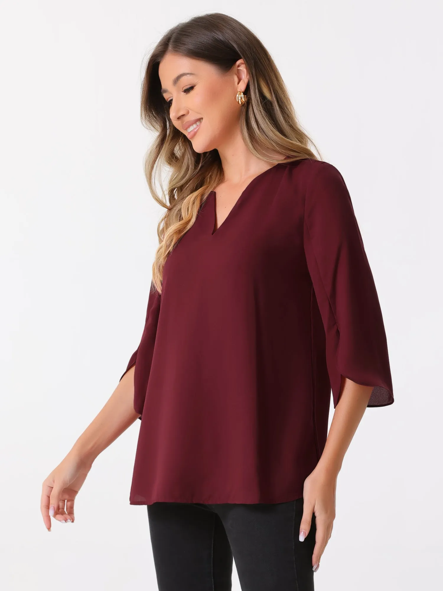 3/4 Split Sleeve Notch Neck Flowy Mesh Casual Blouse sold by Allegra K product image thumbnail 2