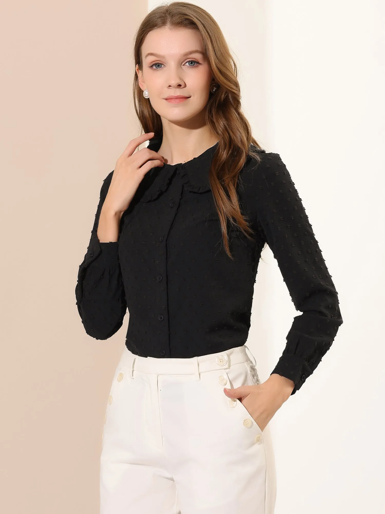 Swiss Dots Blouse Peter Pan Collar Long Sleeve Button Down Shirt sold by Allegra K product image thumbnail 3