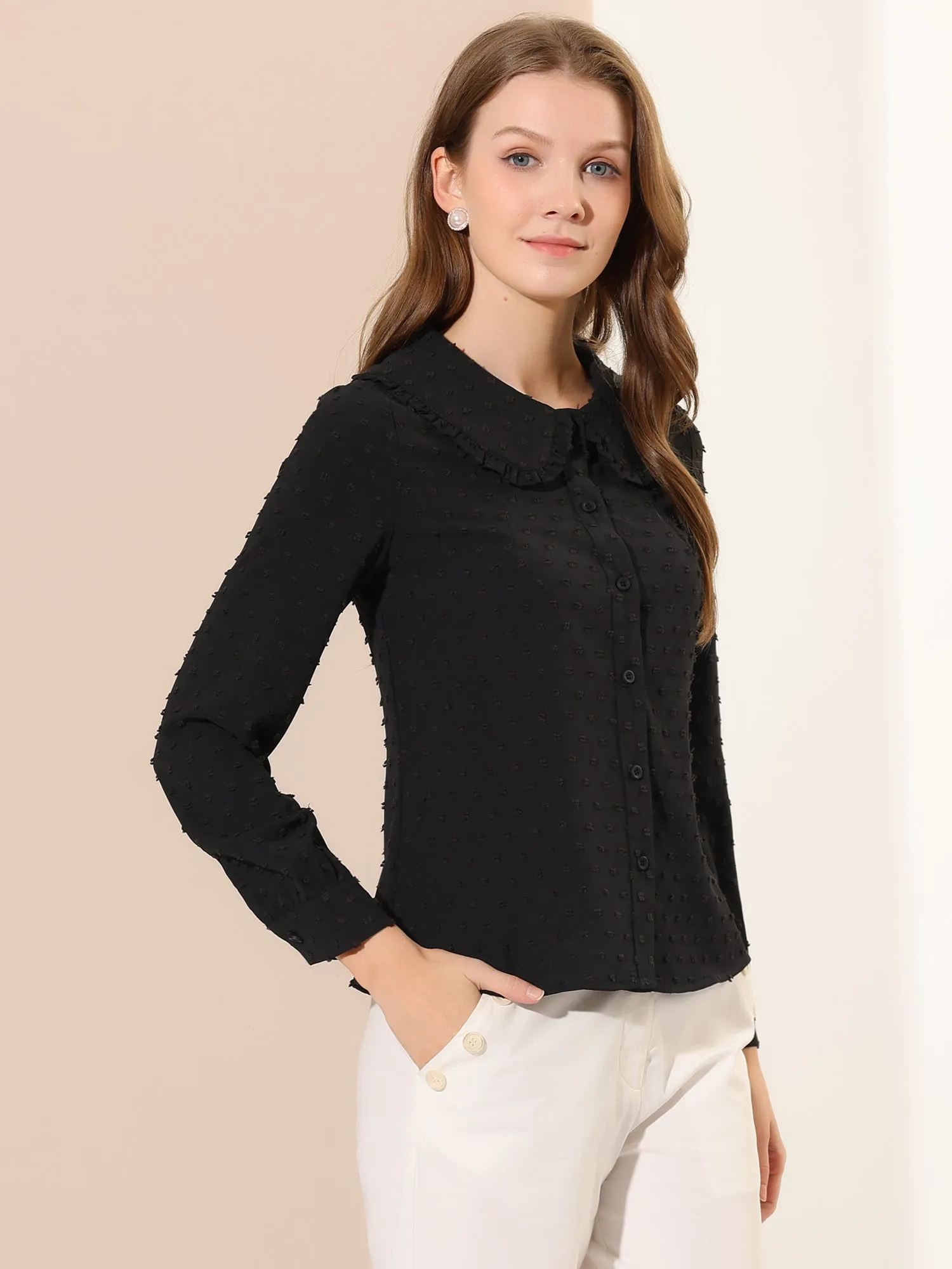 Swiss Dots Blouse Peter Pan Collar Long Sleeve Button Down Shirt sold by Allegra K product image thumbnail 4