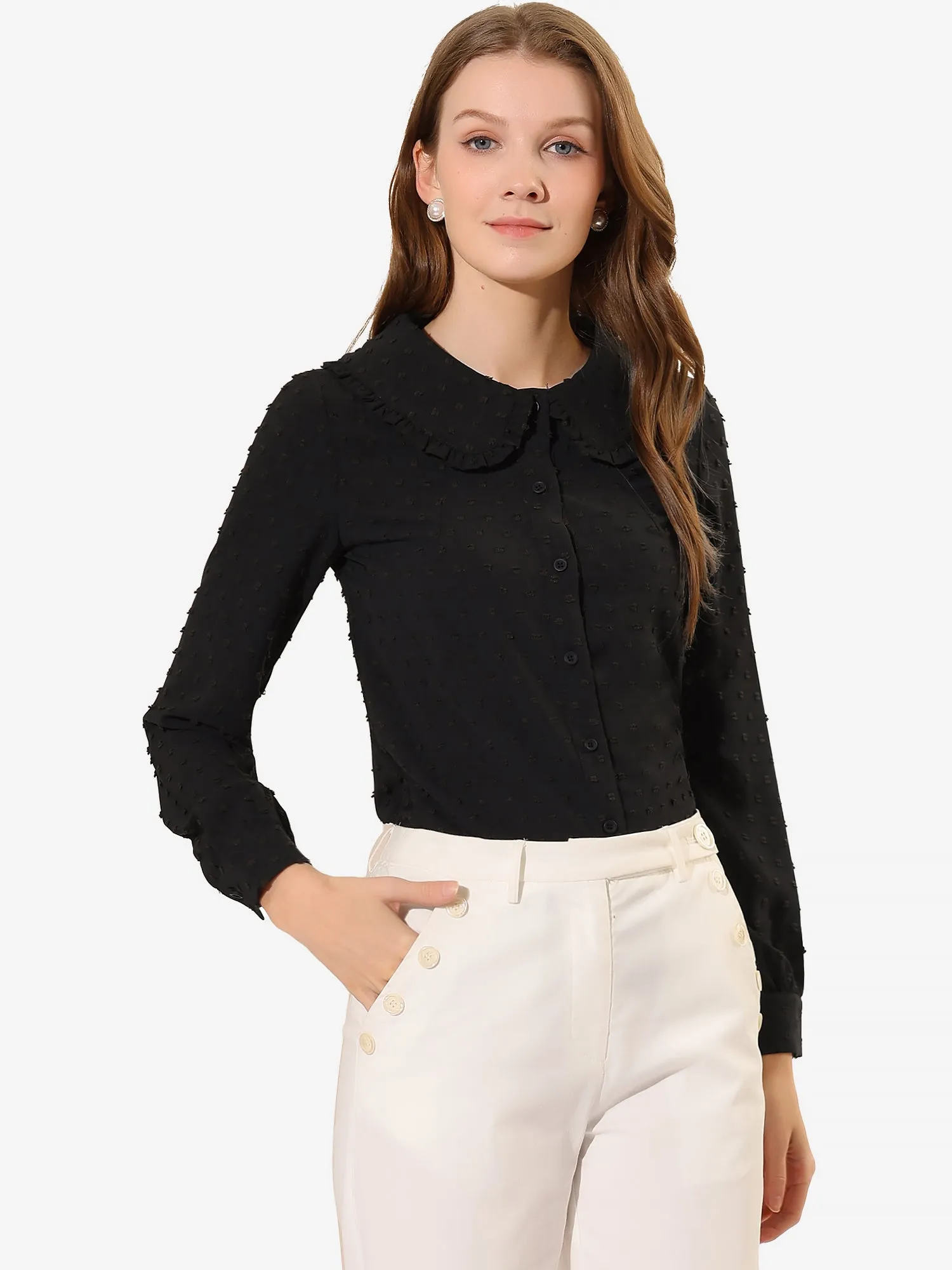 Swiss Dots Blouse Peter Pan Collar Long Sleeve Button Down Shirt sold by Allegra K