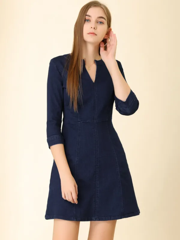 Casual A-Line Split Neck 3/4 Sleeve Short Stretchy Denim Dress sold by Allegra K