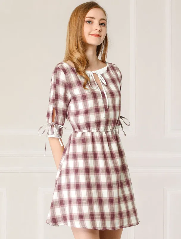 Plaid Tie Keyhole Neck Half Sleeve Lined Dress sold by Allegra K