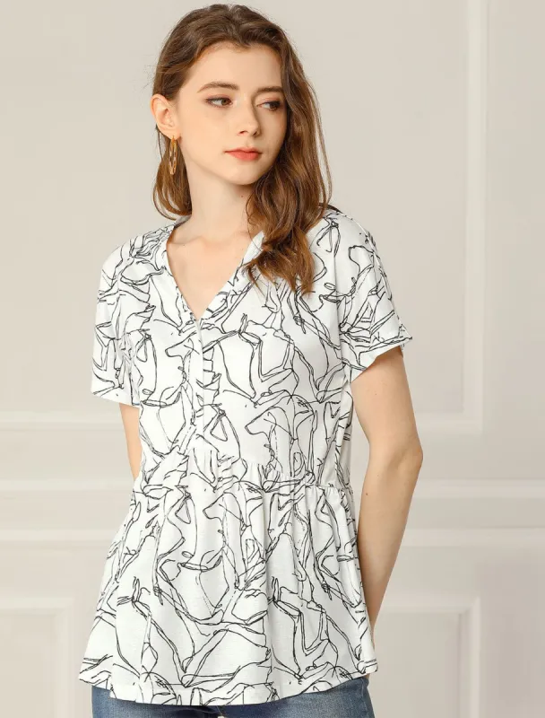 Printed V Neck Blouse Casual Loose Short Sleeve Peplum Top sold by Allegra K
