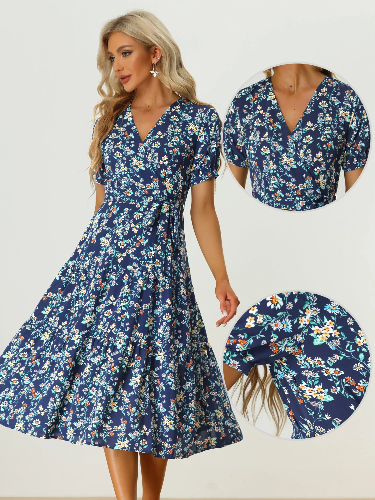 Floral V Neck Side Tie Waist Flowy Tiered Midi Dress sold by Allegra K product image thumbnail 2