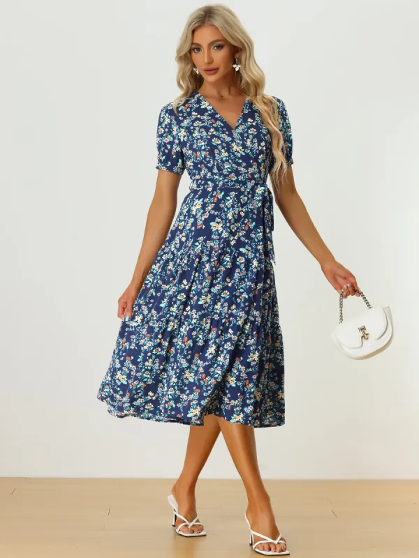 Floral V Neck Side Tie Waist Flowy Tiered Midi Dress sold by Allegra K