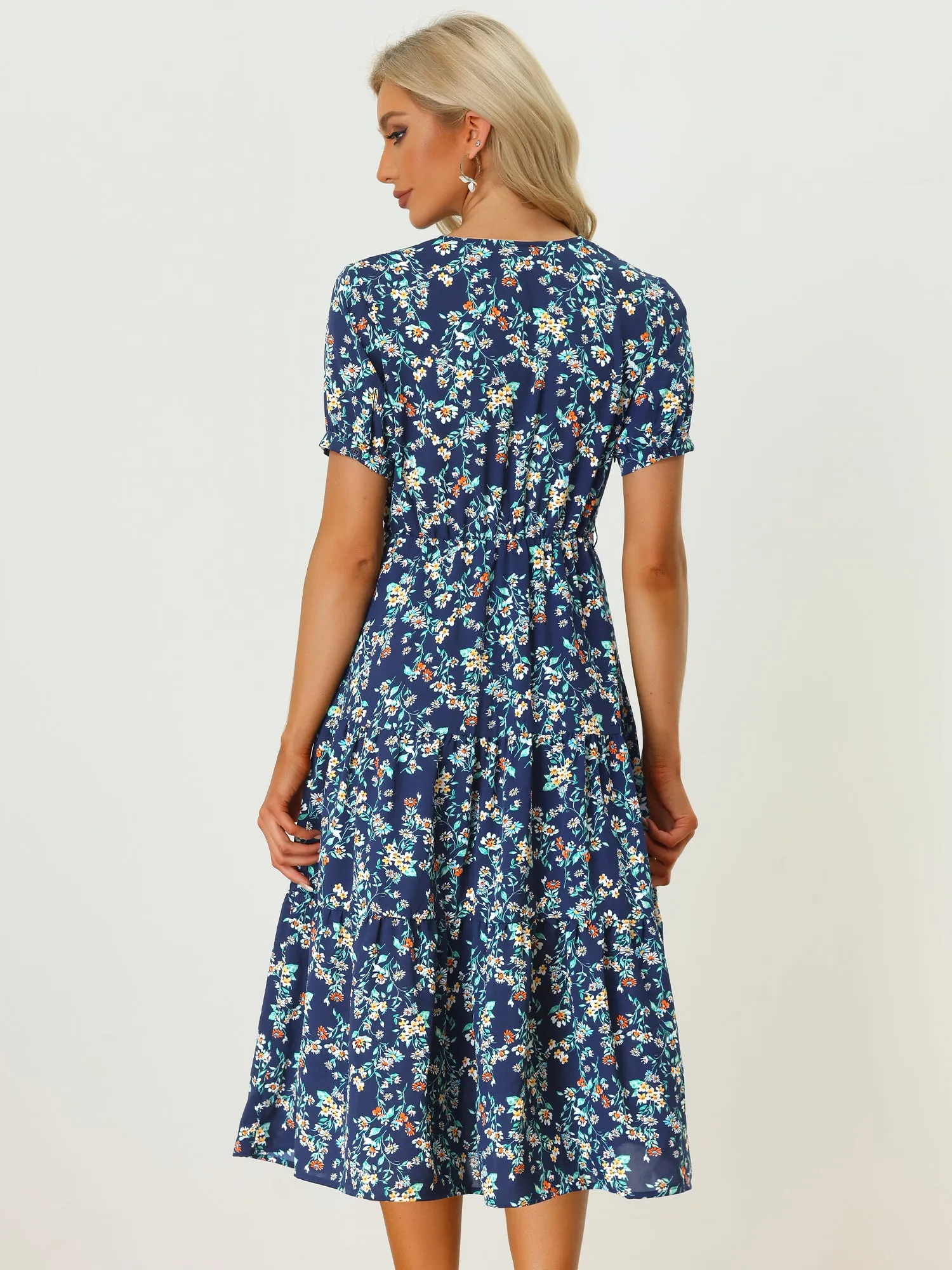 Floral V Neck Side Tie Waist Flowy Tiered Midi Dress sold by Allegra K product image thumbnail 3