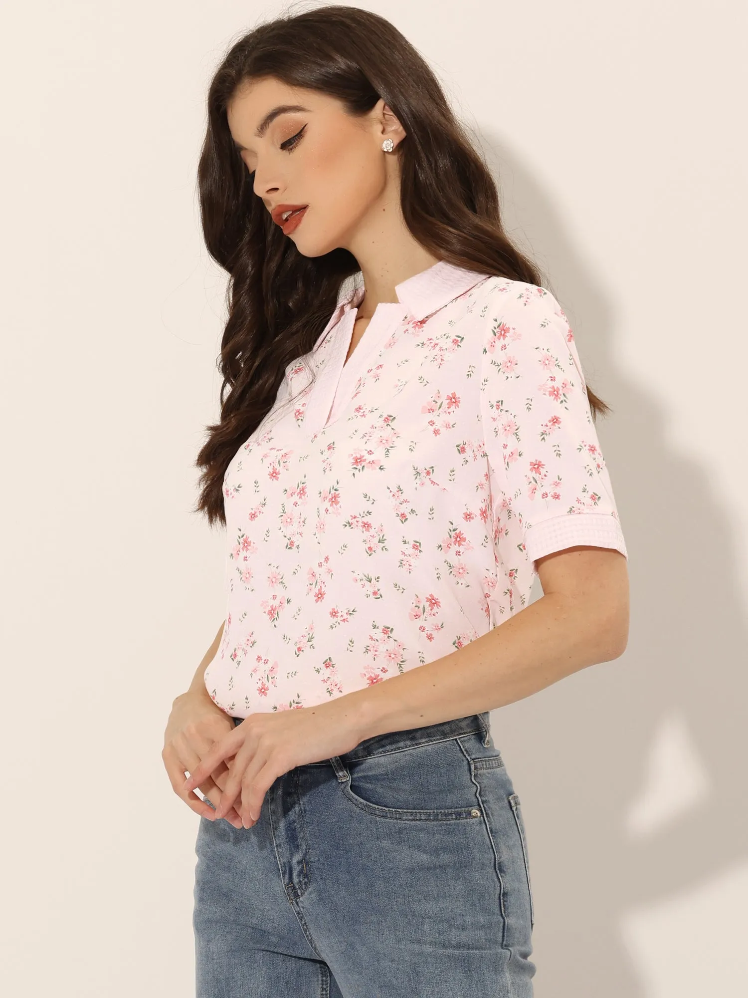 Floral Turndown Collar Split Neck Short Sleeve Elegant Blouse sold by Allegra K product image thumbnail 4