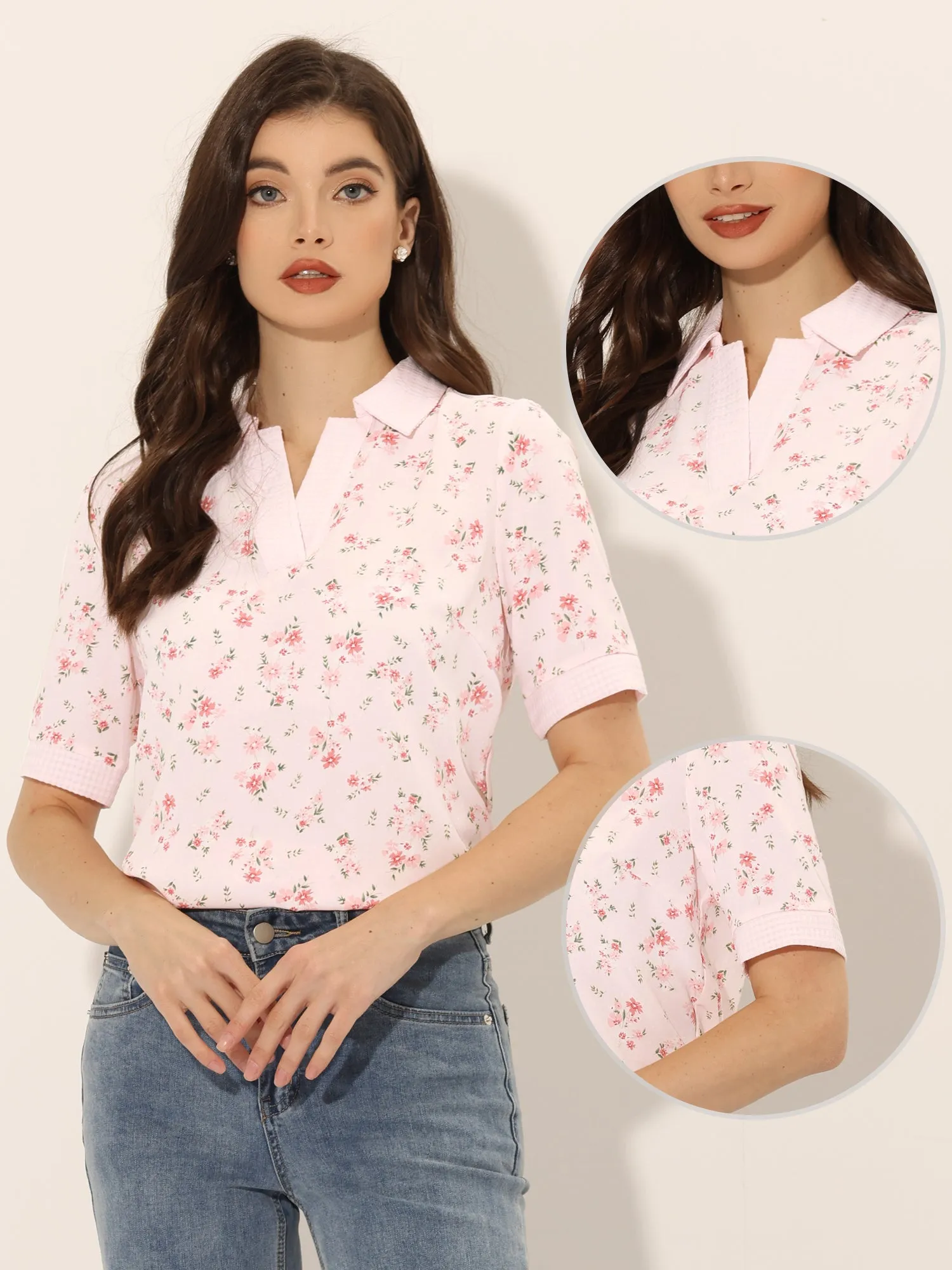 Floral Turndown Collar Split Neck Short Sleeve Elegant Blouse sold by Allegra K product image thumbnail 2