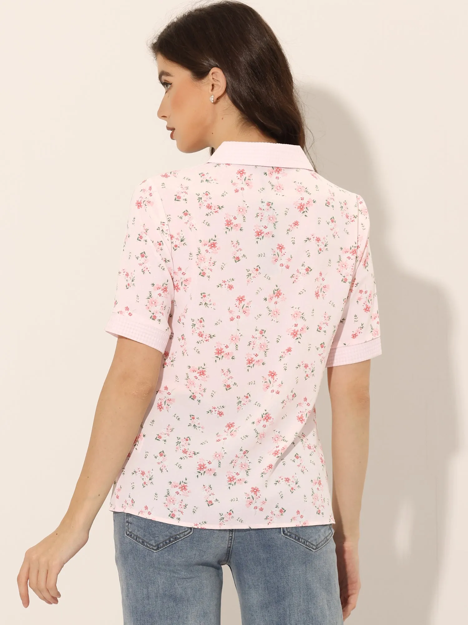 Floral Turndown Collar Split Neck Short Sleeve Elegant Blouse sold by Allegra K product image thumbnail 3