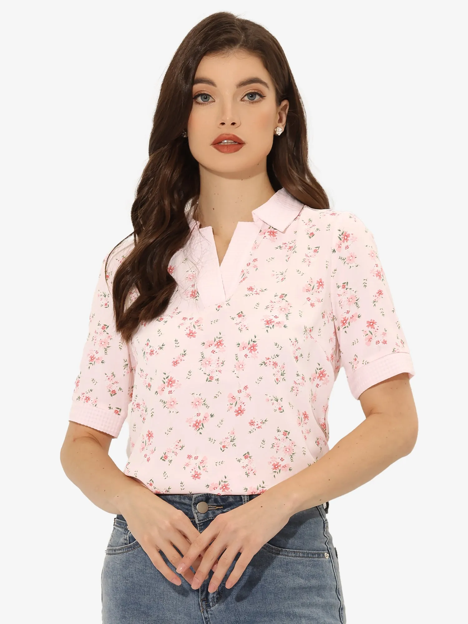 Floral Turndown Collar Split Neck Short Sleeve Elegant Blouse sold by Allegra K