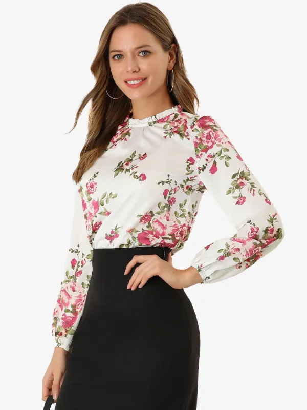 Satin Elegant Silky Top Ruffle Crew Neck Smooth Floral Blouse sold by Allegra K