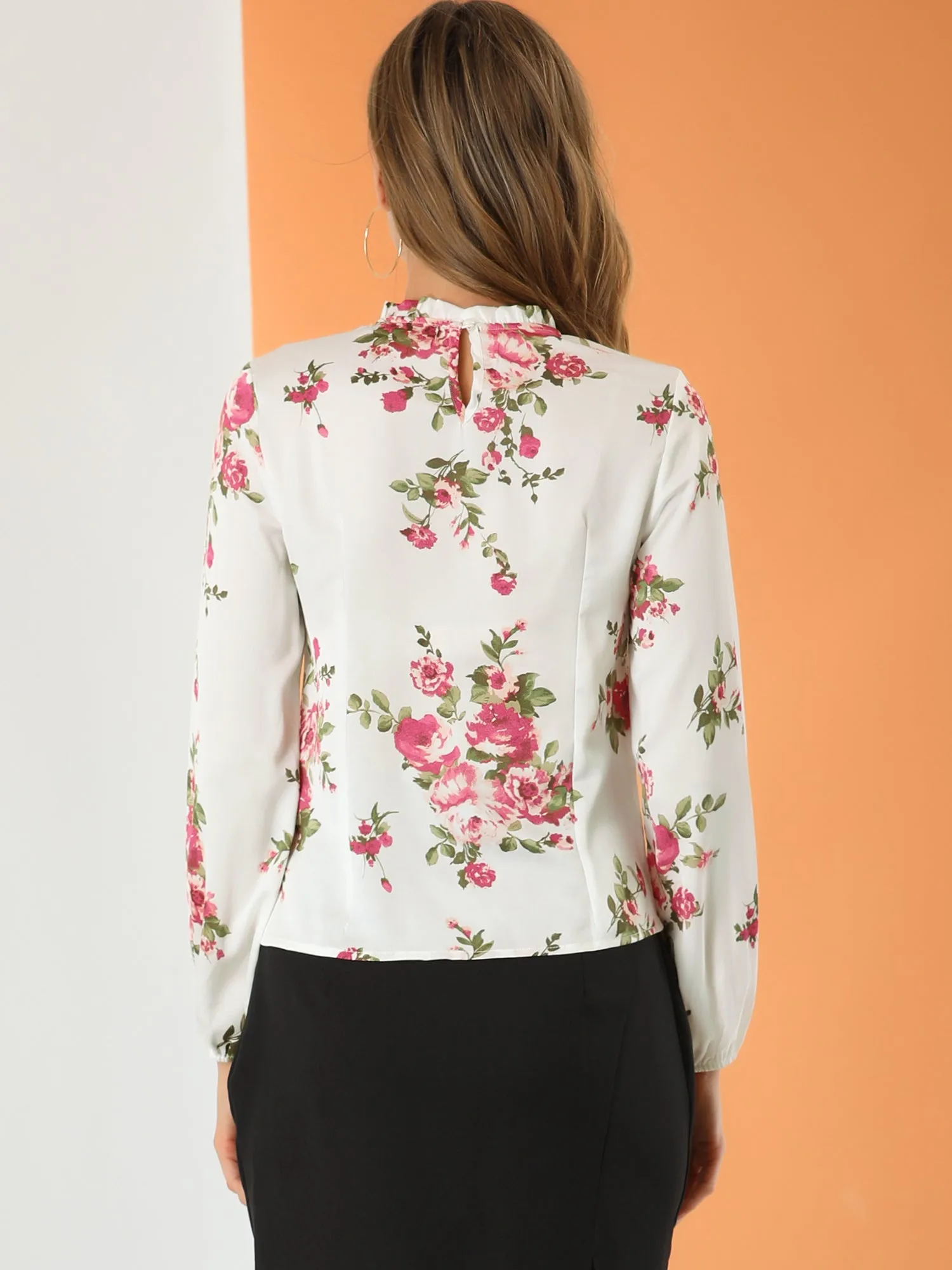 Satin Elegant Silky Top Ruffle Crew Neck Smooth Floral Blouse sold by Allegra K product image thumbnail 5