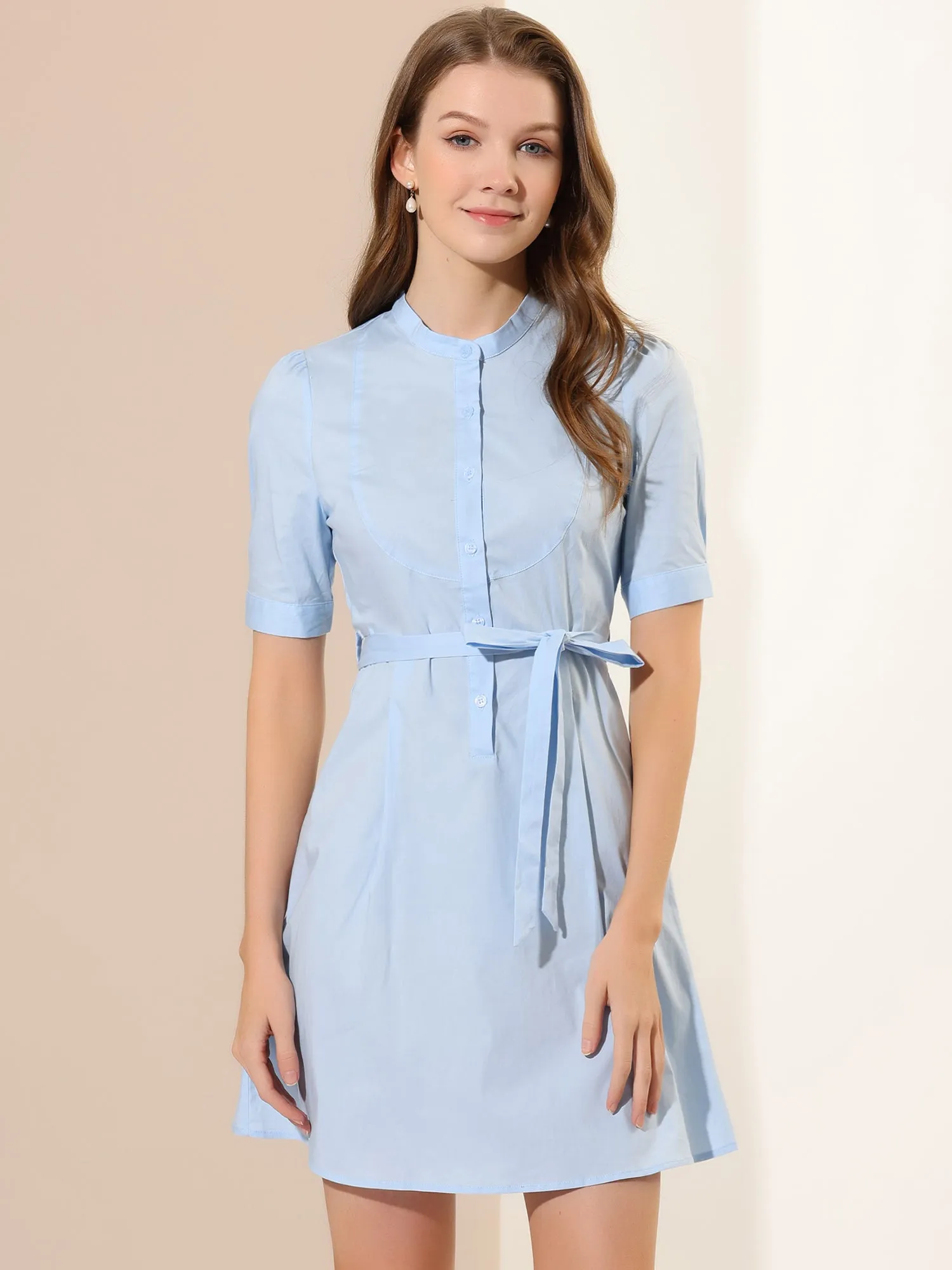 Belted Half Placket Short Sleeve Summer A-Line Dress sold by Allegra K