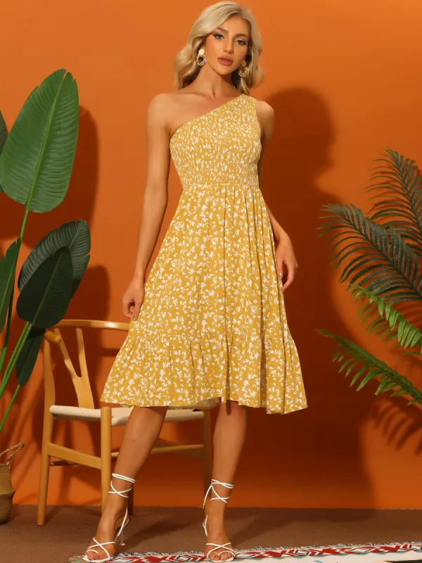 Floral Summer One Shoulder Ruffle Hem Flowy Smocked Boho Midi Dress Sundress sold by Allegra K
