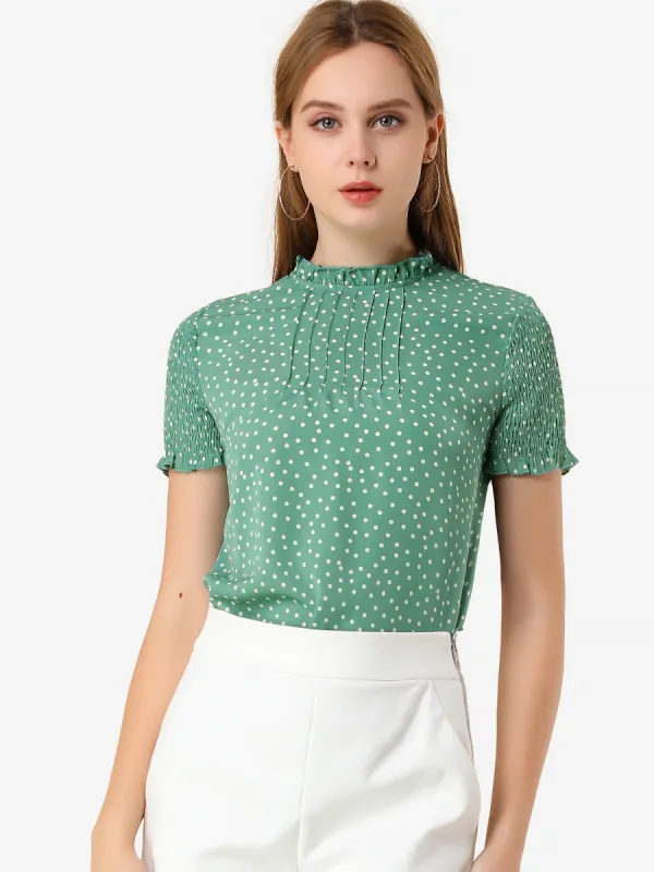 Polka Dots Smocked Sleeve Ruffle Neck Blouse Top sold by Allegra K