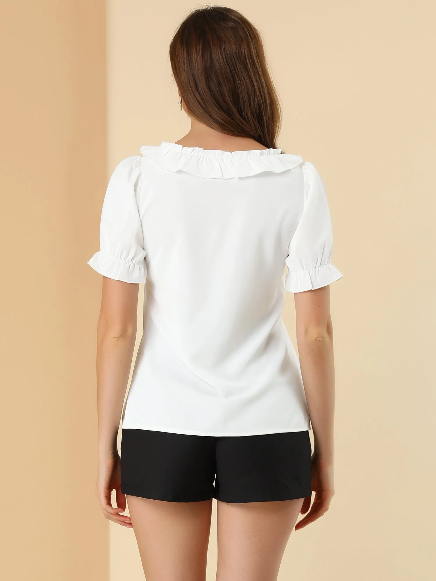 Ruffle Tie V NeckPuff Sleeve Ruffle Cuff Casual Blouse sold by Allegra K product image thumbnail 4