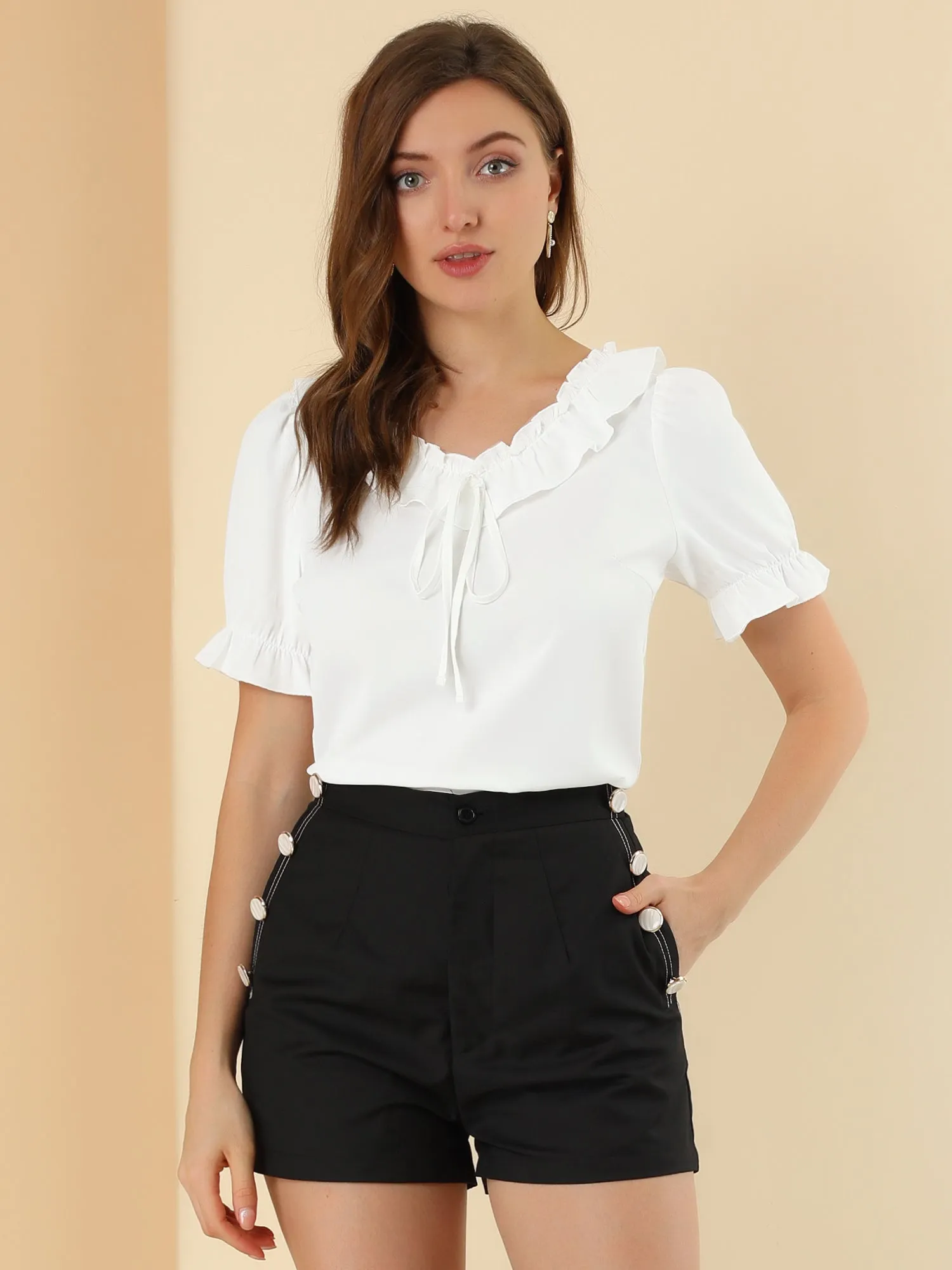 Ruffle Tie V NeckPuff Sleeve Ruffle Cuff Casual Blouse sold by Allegra K product image thumbnail 2