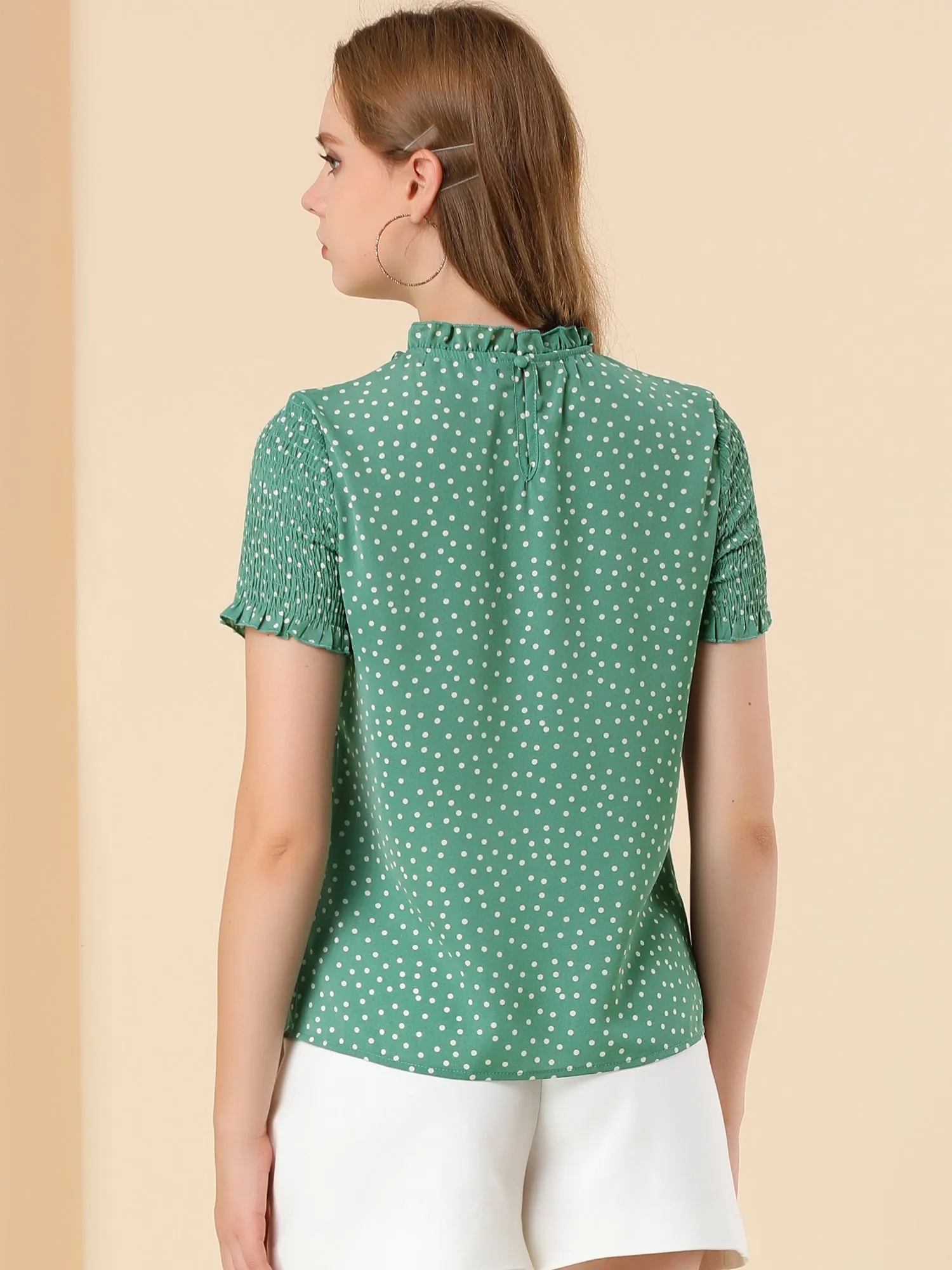 Polka Dots Smocked Sleeve Ruffle Neck Blouse Top sold by Allegra K product image thumbnail 5