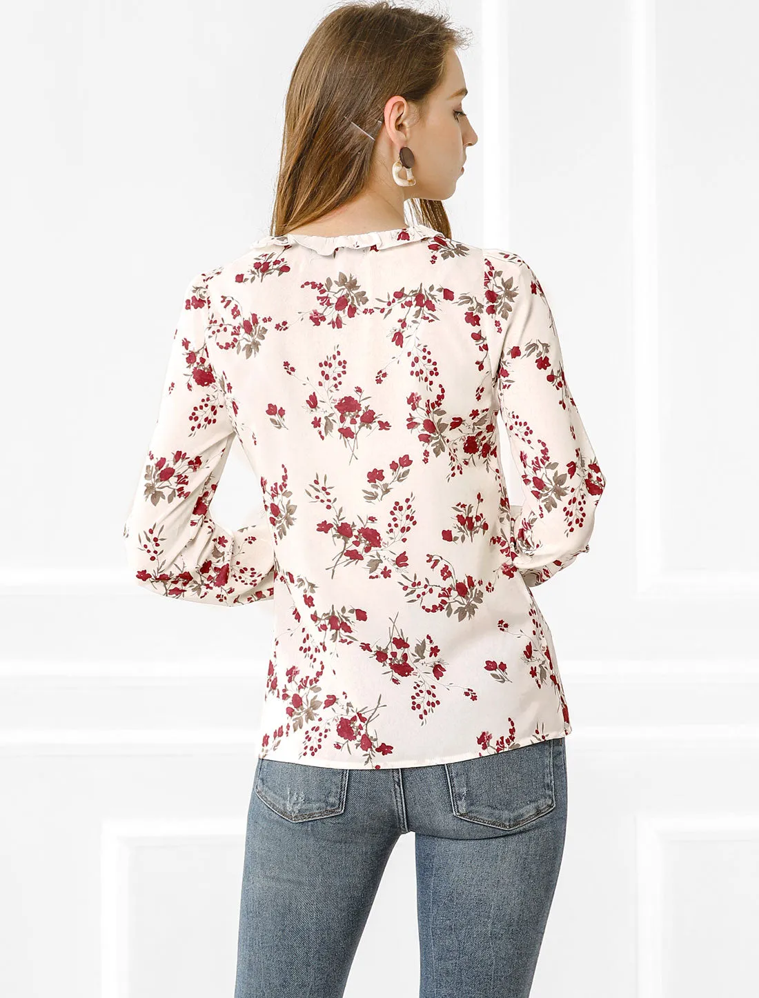 Floral Tie Neck Long Sleeve Frilly Trim Keyhole Casual Chiffon Blouse sold by Allegra K product image thumbnail 4