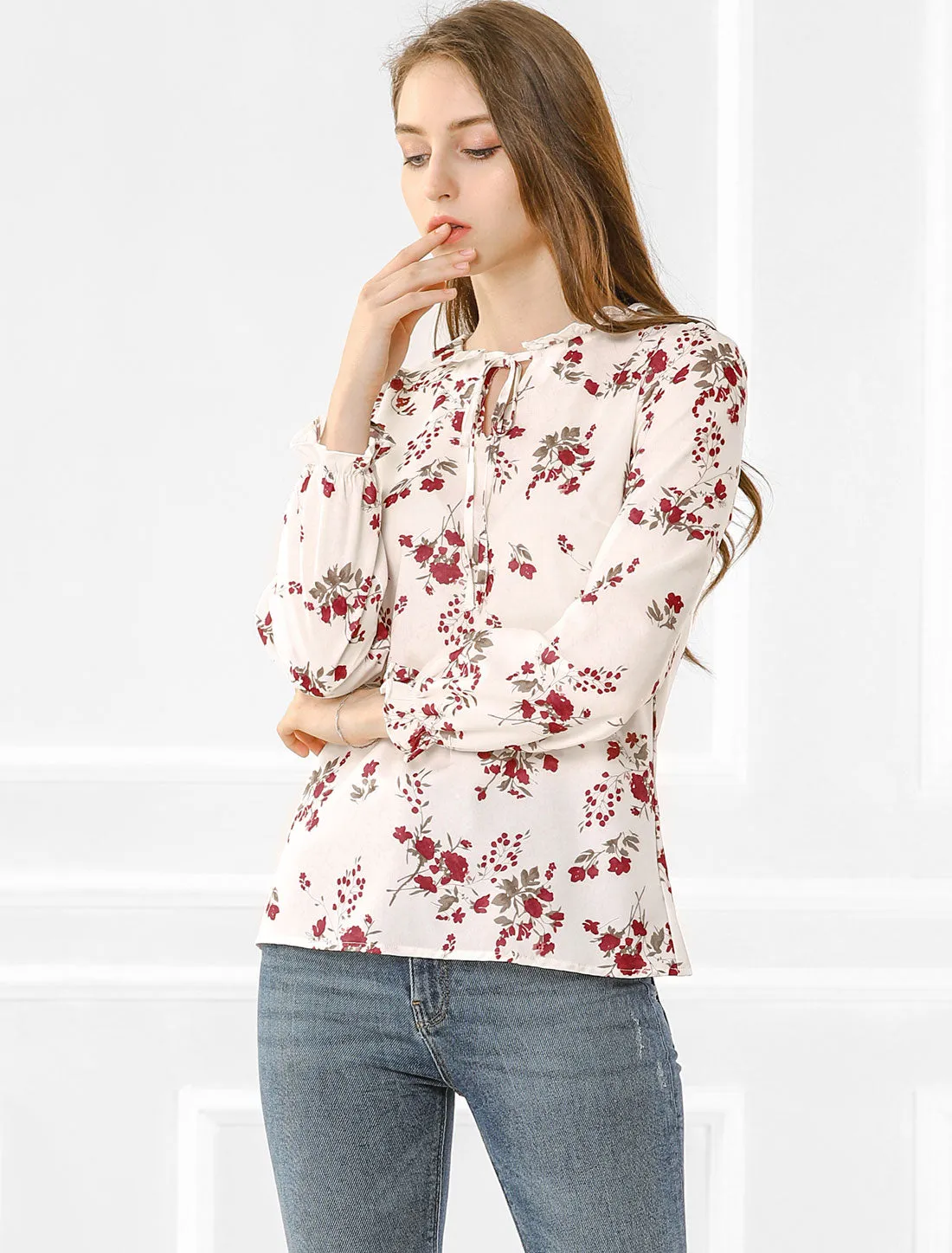 Floral Tie Neck Long Sleeve Frilly Trim Keyhole Casual Chiffon Blouse sold by Allegra K product image thumbnail 3