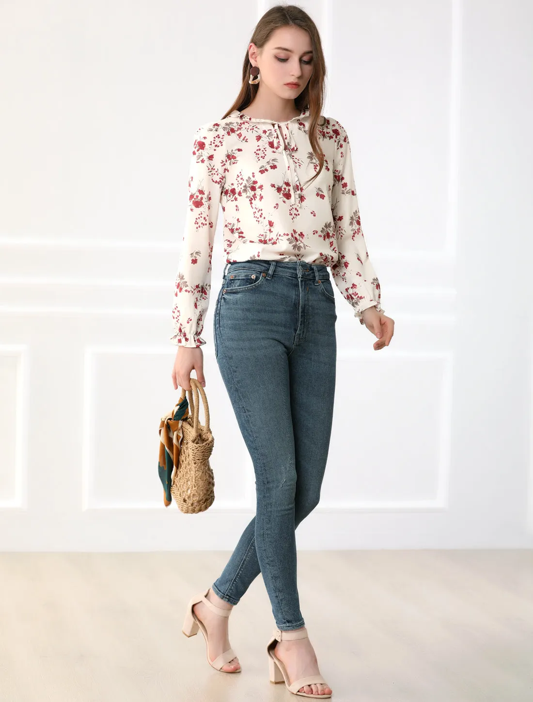 Floral Tie Neck Long Sleeve Frilly Trim Keyhole Casual Chiffon Blouse sold by Allegra K product image thumbnail 2