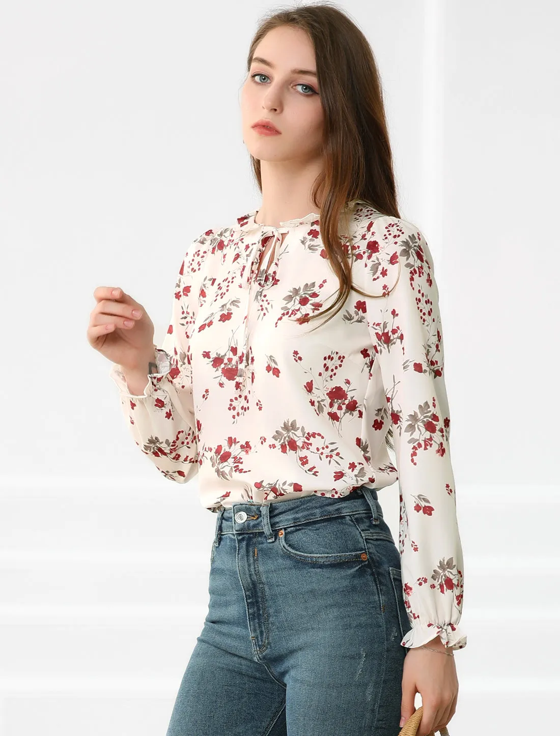 Floral Tie Neck Long Sleeve Frilly Trim Keyhole Casual Chiffon Blouse sold by Allegra K