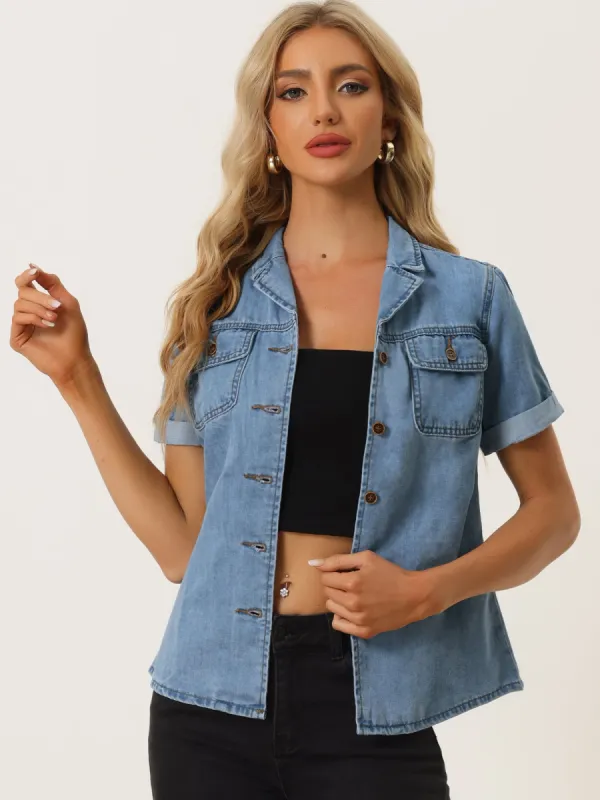 Button Up Collared Short Sleeve Pocket Classic Denim Shirt sold by Allegra K