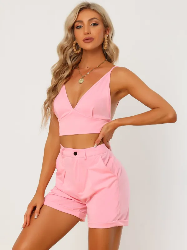 Casual Sleeveless Knot Back Crop Top Camisole Shorts 2 Piece sold by Allegra K