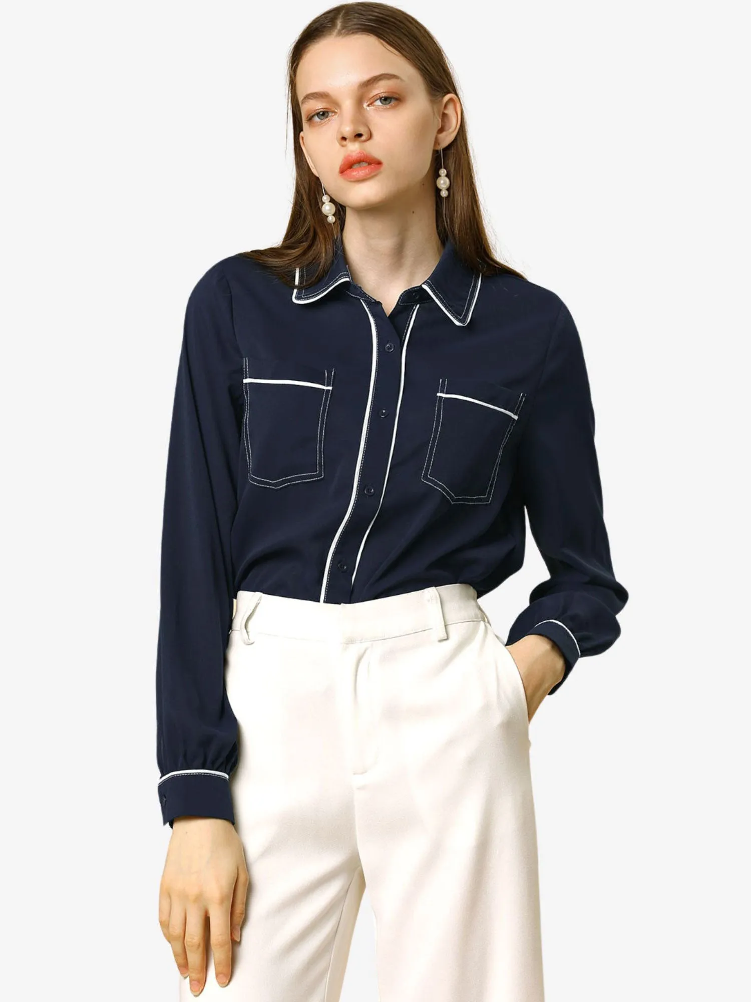 Piped Work Shirt Long Sleeve Pockets Office Button Down Shirt sold by Allegra K