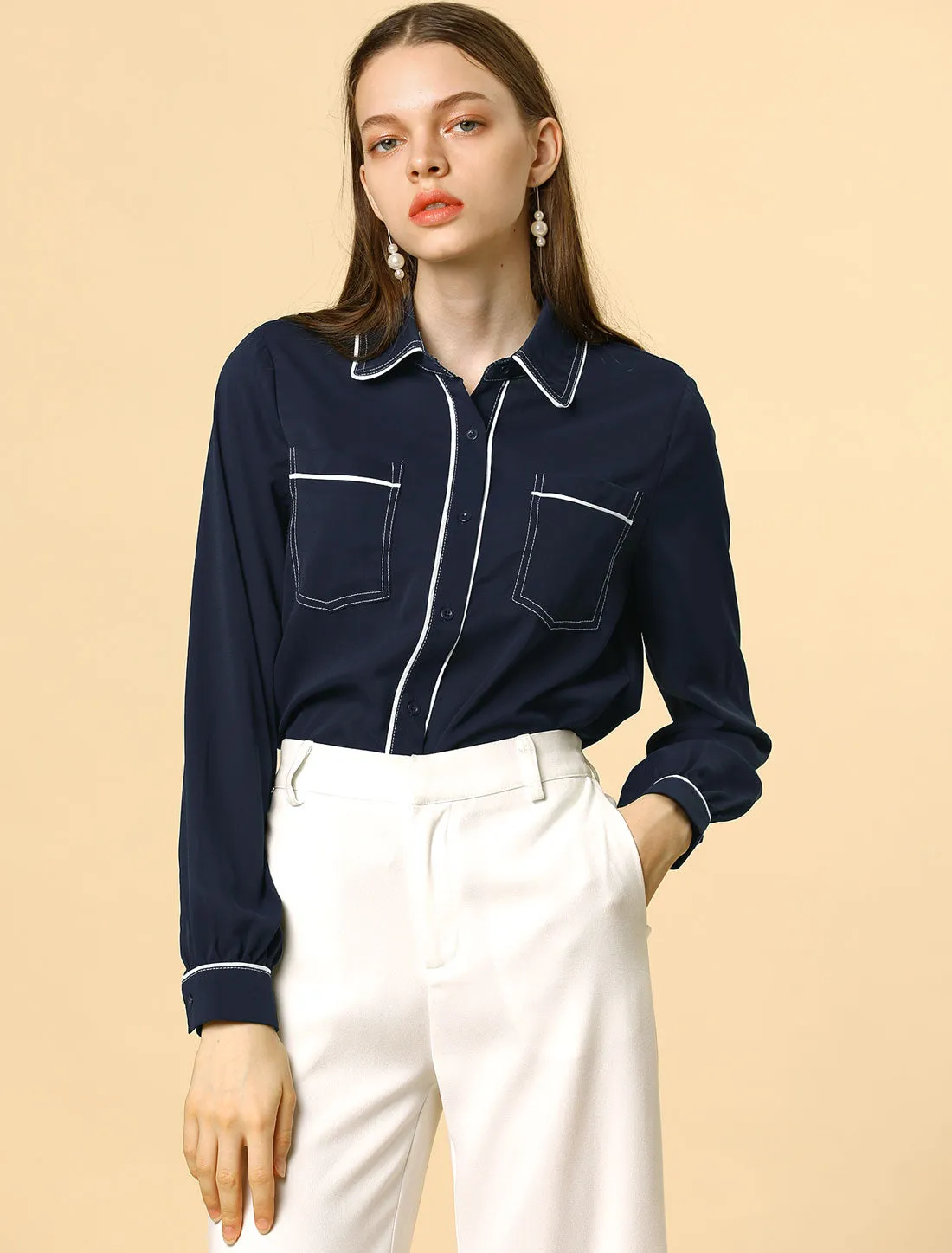 Piped Work Shirt Long Sleeve Pockets Office Button Down Shirt sold by Allegra K product image thumbnail 2