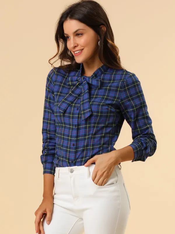 Plaid Tie Neck Button Down Long Sleeve Shirt Blouse sold by Allegra K