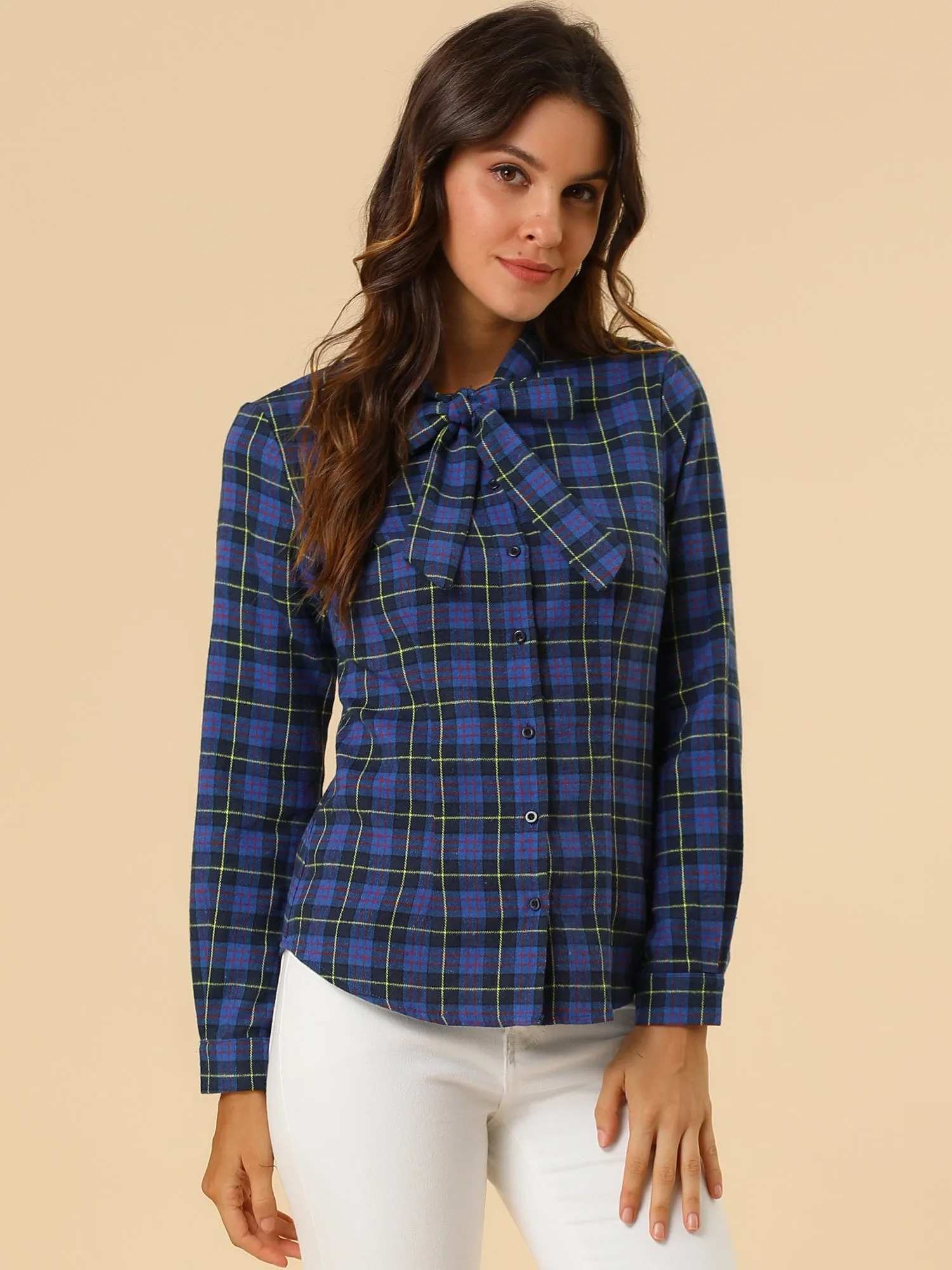 Plaid Tie Neck Button Down Long Sleeve Shirt Blouse sold by Allegra K product image thumbnail 2