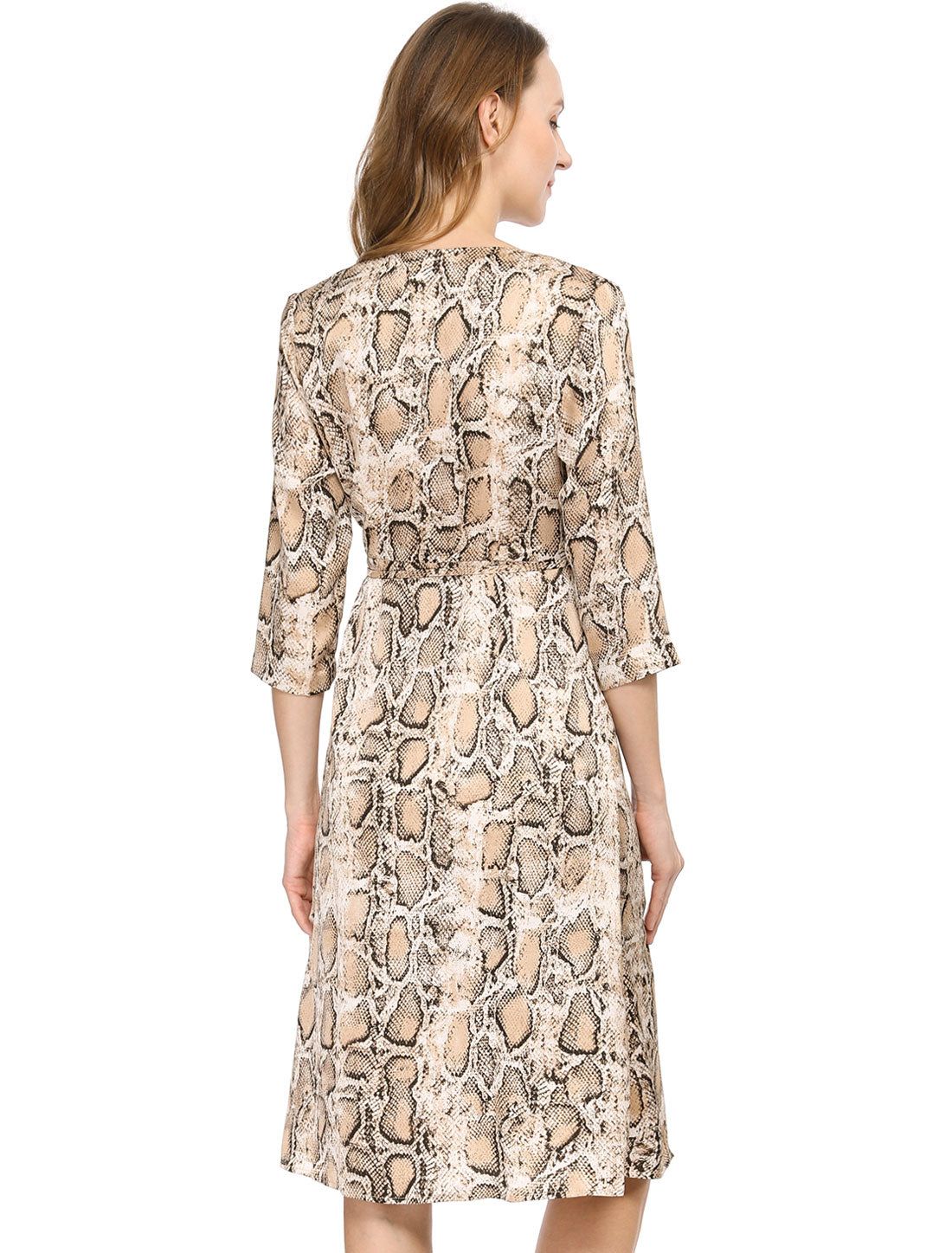 3/4 Sleeve Deep V Neck Tie Front Snake Print Wrap Midi Dress sold by Allegra K product image thumbnail 4