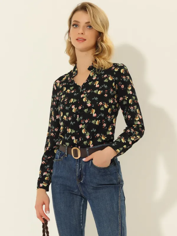 Work Office Button Up Shirt Cut-Out V Neck Floral Blouse sold by Allegra K