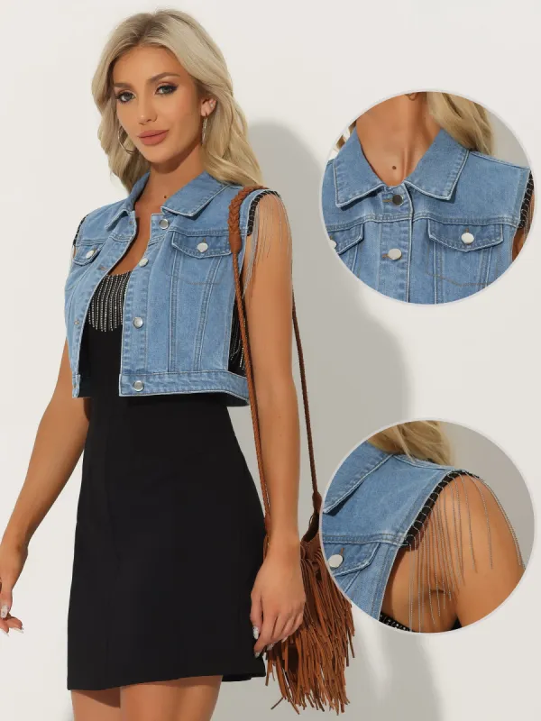 Tassel Shoulder Sleeveless Denim Vest Jean Jacket sold by Allegra K