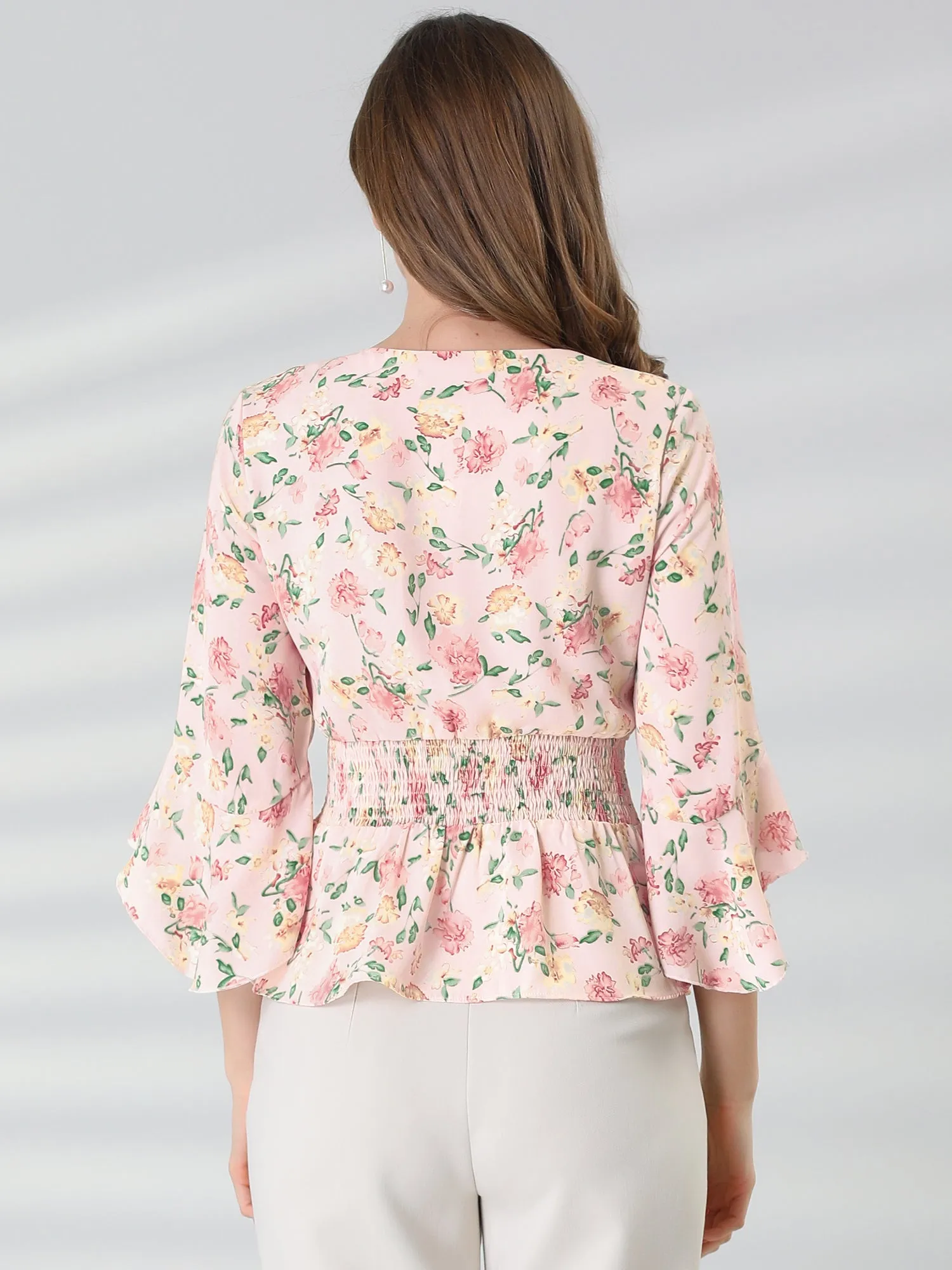 Floral Blouse V-Neck Flare Sleeve Smocked Waist Peplum Top sold by Allegra K product image thumbnail 5