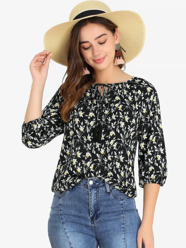 Retro 3/4 Sleeve Keyhole Tie Neck Floral Blouse sold by Allegra K