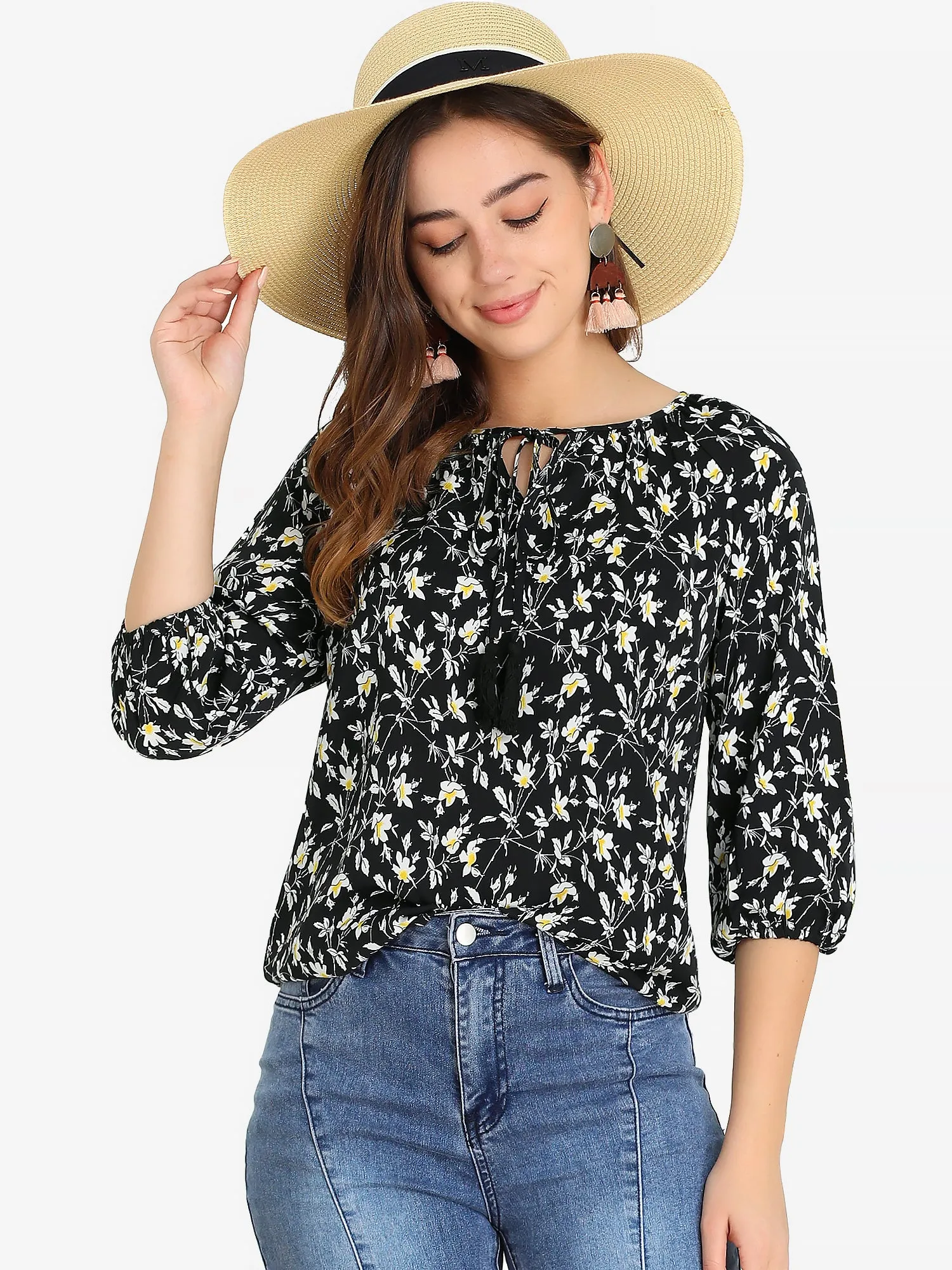 Retro 3/4 Sleeve Keyhole Tie Neck Floral Blouse sold by Allegra K